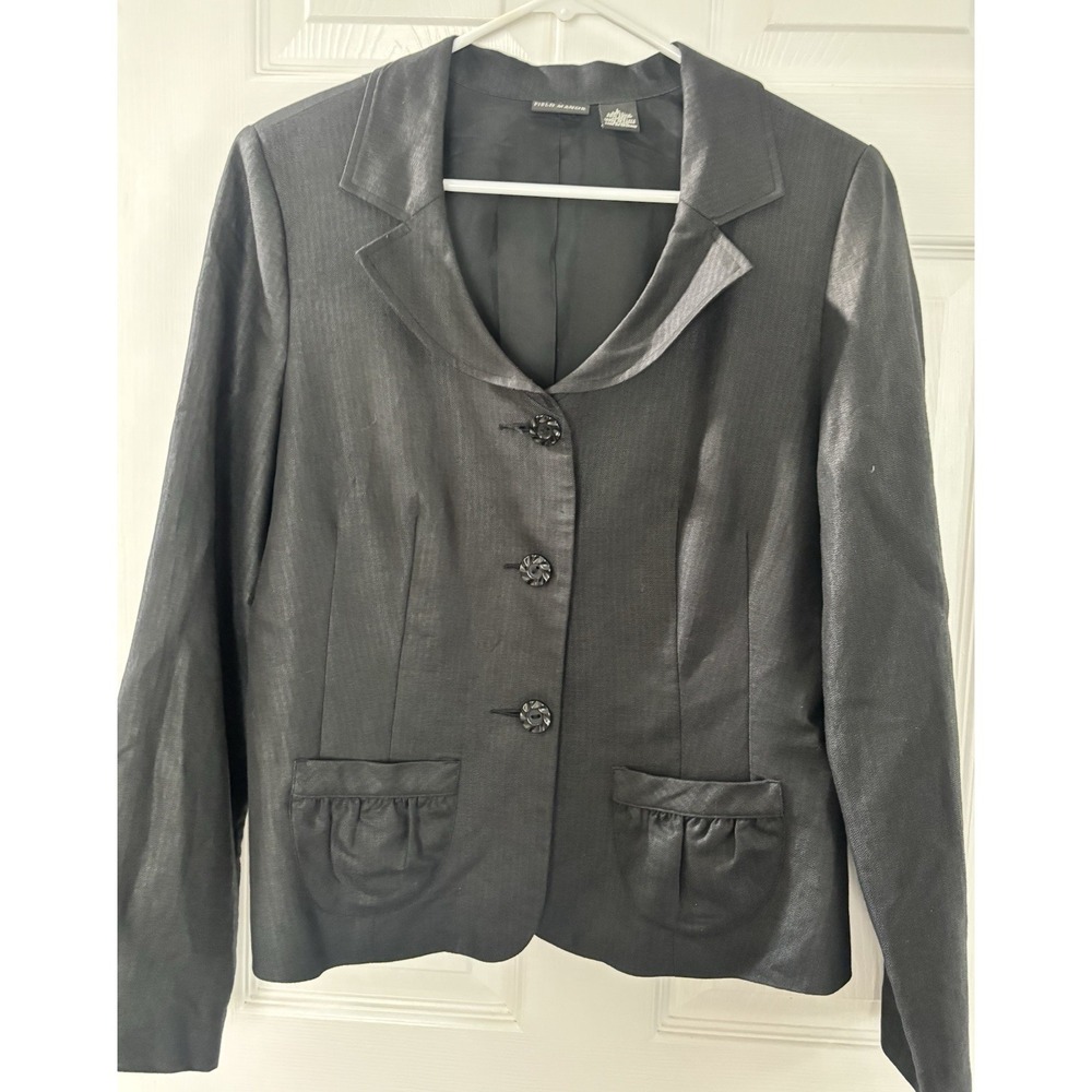 Field Manor Womens Large Linen Blend Blazer Jacket Black Scoop Neck 3 Button